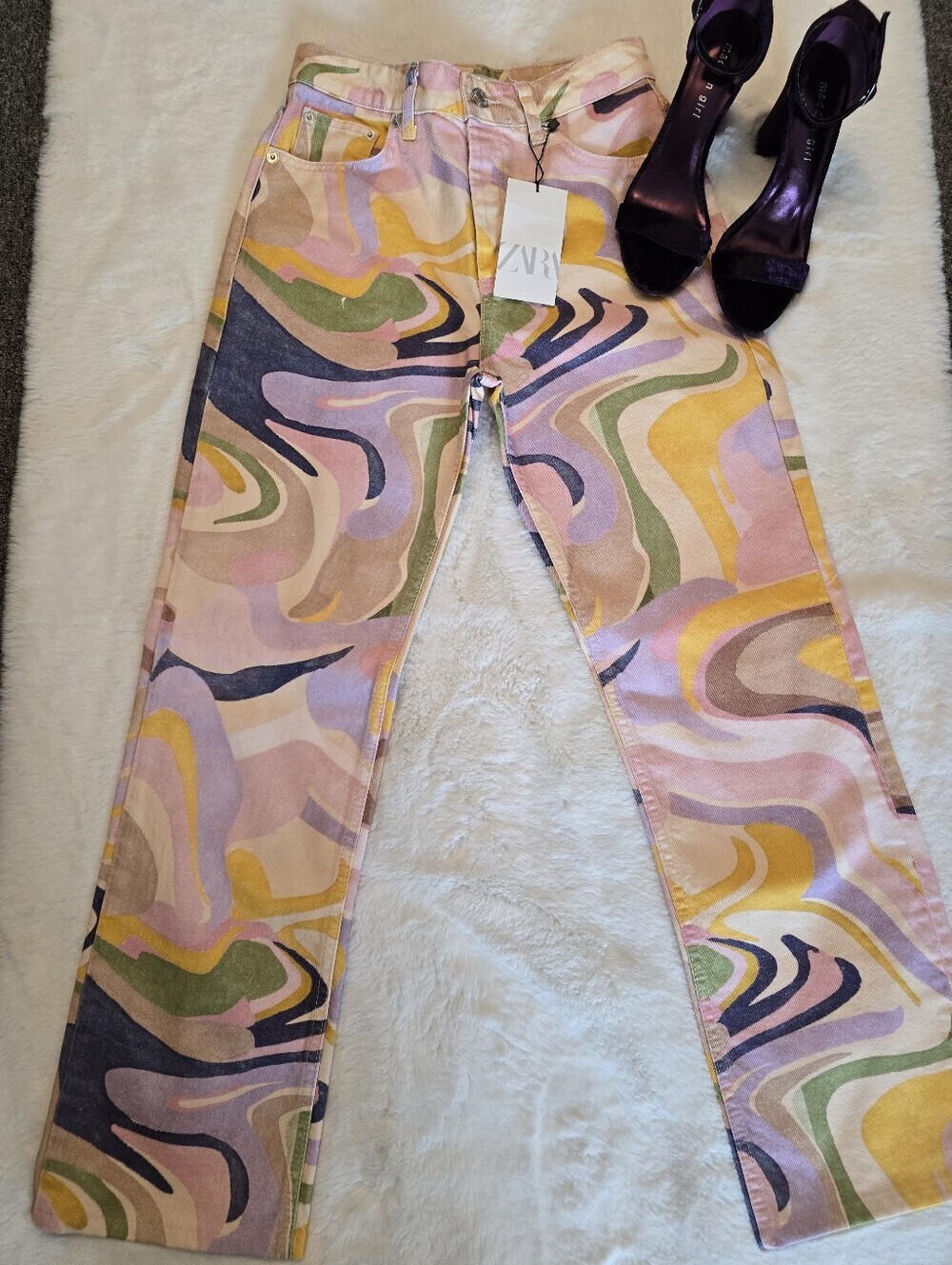 ZARA Women's Swirling Abstract Jeans Mid Rise Straight Leg Retro Boho - Picture 3 of 12